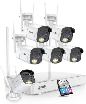 ZOSI 8CH 4MP 2.5K QHD WiFi Security Camera System Outdoor, 8 Channel H.265  NVR with 2TB HDD for 24/7 Record, 6 X 4MP Wireless Camera, Color Night Vision, AI Detection, 2-Way Audio, Light Siren Alert