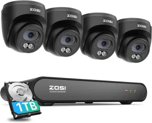 ZOSI C220 4CH 4MP QHD 2.5K PoE Home Security Camera System, 4 x 4MP(1440p) Dome IP Cameras Outdoor Indoor, Smart AI Human Detection, One-Way Audio, 4CH 5MP 3K NVR with 1TB HDD for 24/7 Record