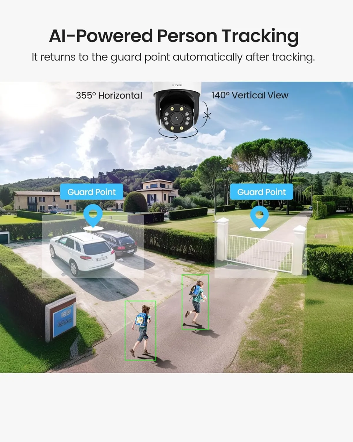 ZOSI C298 SE 6MP Dual-Lens(4MP 2MP) Wired WiFi PT Plug-in Security Camera Outdoor, 360 View Pan/Tilt Camera, Human/Vehicle Detect, Color Night Vision, Spotlight Siren, Two-Way Talk, SD/Cloud Storage