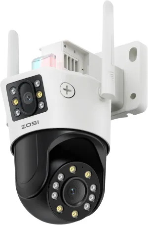 ZOSI C298 SE 6MP Dual-Lens(4MP 2MP) Wired WiFi PT Plug-in Security Camera Outdoor, 360 View Pan/Tilt Camera, Human/Vehicle Detect, Color Night Vision, Spotlight Siren, Two-Way Talk, SD/Cloud Storage