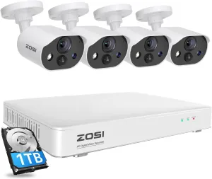 ZOSI C303 Spotlight Home Security Camera System with Audio,8CH 3K Lite DVR with 1TB SSD Hard Drive,4pcs H.265  1080p Outdoor CCTV Cameras,Night Vision,Person Vehicle Detection,for 24/7 Recording
