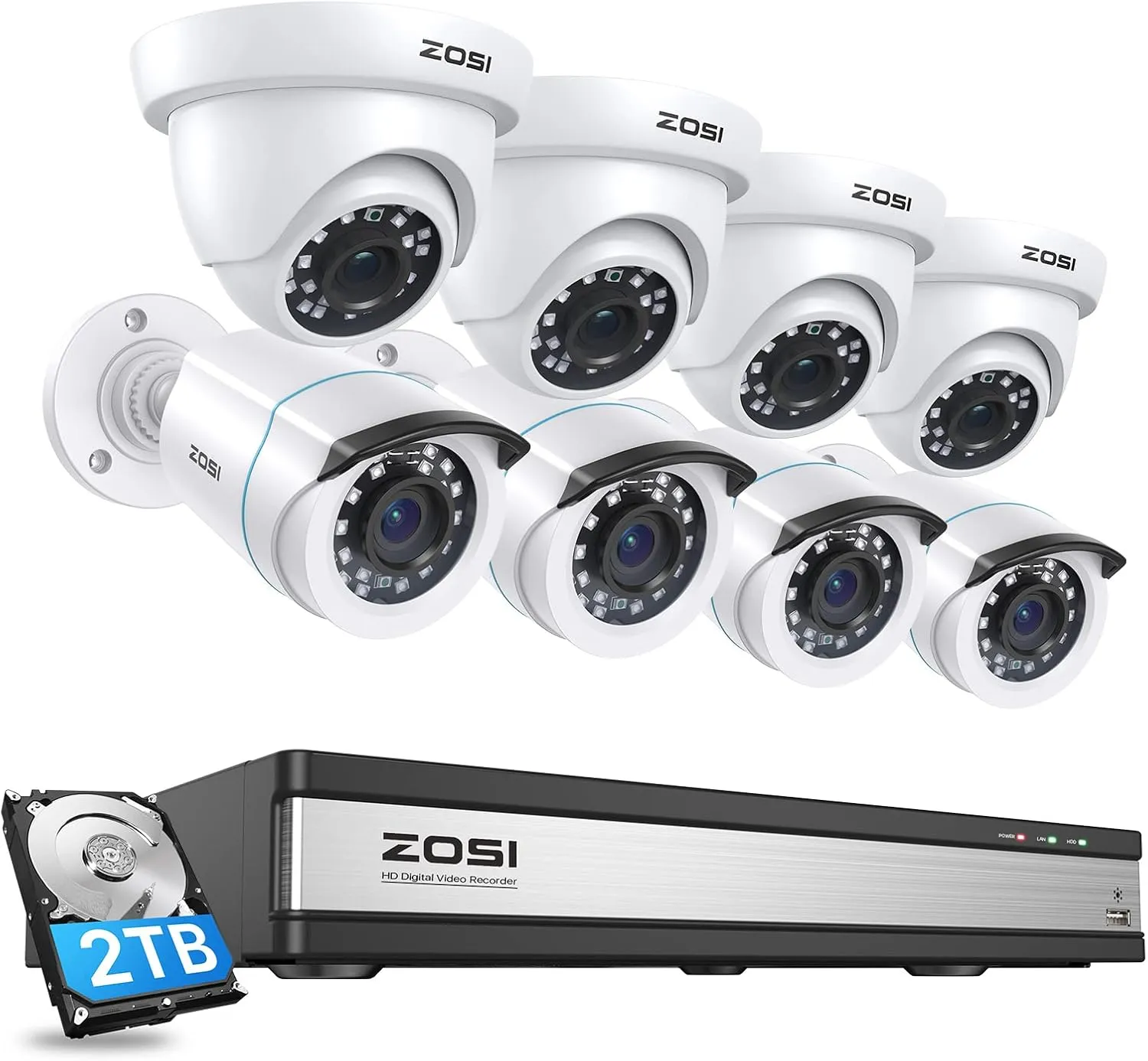ZOSI Full 1080p 16 Channel Home Security Camera System with AI Human Vehicle Detect, 8 x 1080p Weatherproof CCTV Bullet Dome Camera Outdoor, H.265  16CH DVR with 2TB HDD, Night Vision, Alert Push