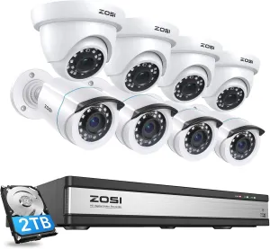 ZOSI Full 1080p 16 Channel Home Security Camera System with AI Human Vehicle Detect, 8 x 1080p Weatherproof CCTV Bullet Dome Camera Outdoor, H.265  16CH DVR with 2TB HDD, Night Vision, Alert Push