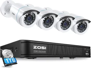 ZOSI H.265  1080p Home Security Camera System with AI Human Vehicle Detection, 5MP-Lite 8 Channel CCTV DVR Recorder with 1TB HDD, 4 x 1080p Weatherproof Bullet Camera Outdoor Indoor, 80ft Night Vision