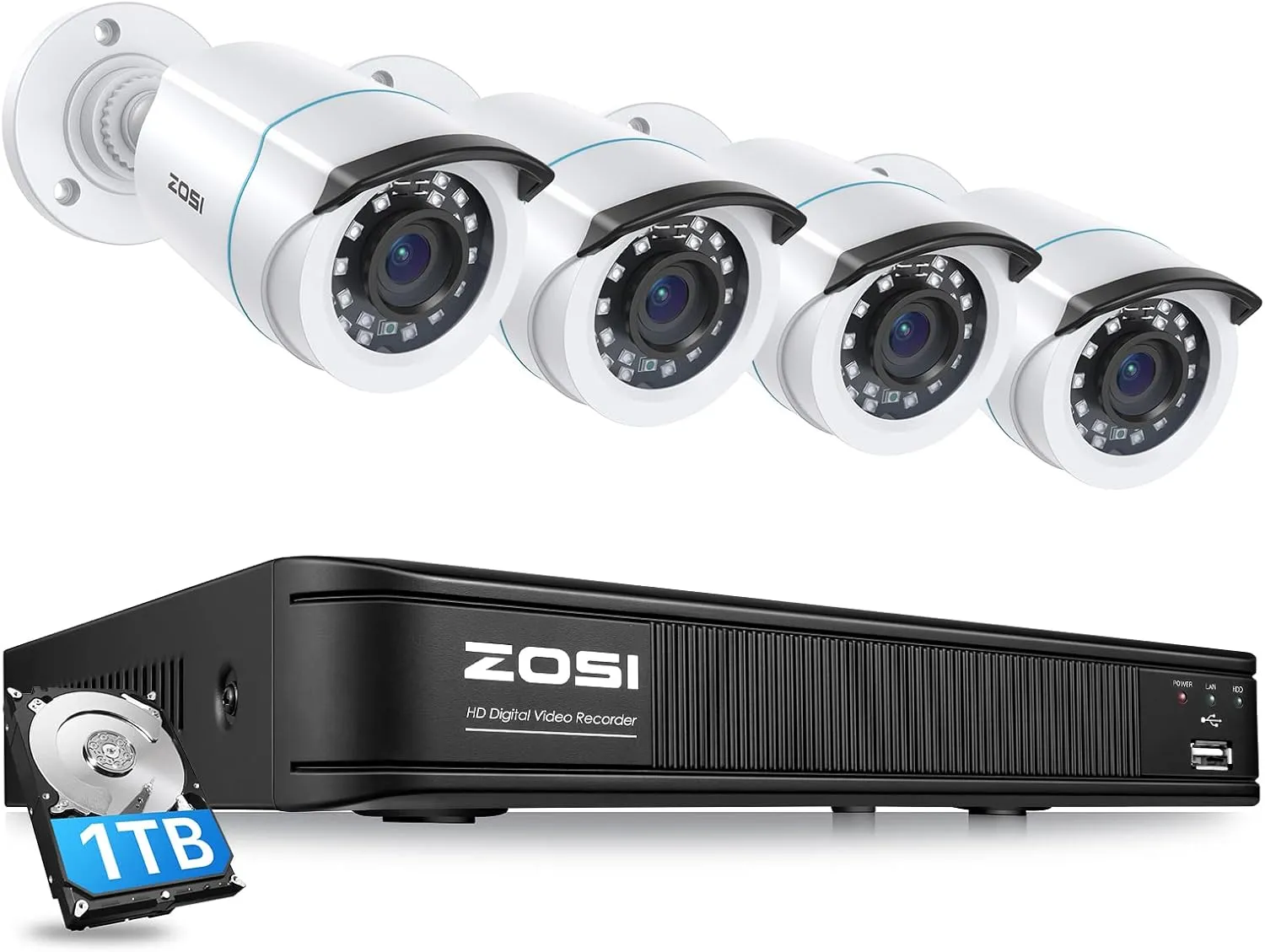 ZOSI H.265  1080p Home Security Camera System with AI Human Vehicle Detection, 5MP-Lite 8 Channel CCTV DVR Recorder with 1TB HDD, 4 x 1080p Weatherproof Bullet Camera Outdoor Indoor, 80ft Night Vision