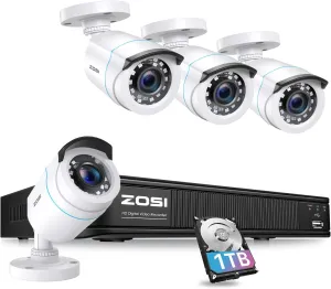 ZOSI H.265  Full 1080p Home Security Camera System Outdoor Indoor, 5MP-Lite CCTV DVR 8 Channel with AI Human Vehicle Detection, 4 x 1080p Weatherproof Surveillance Camera, 80ft Night Vision, 1TB HDD