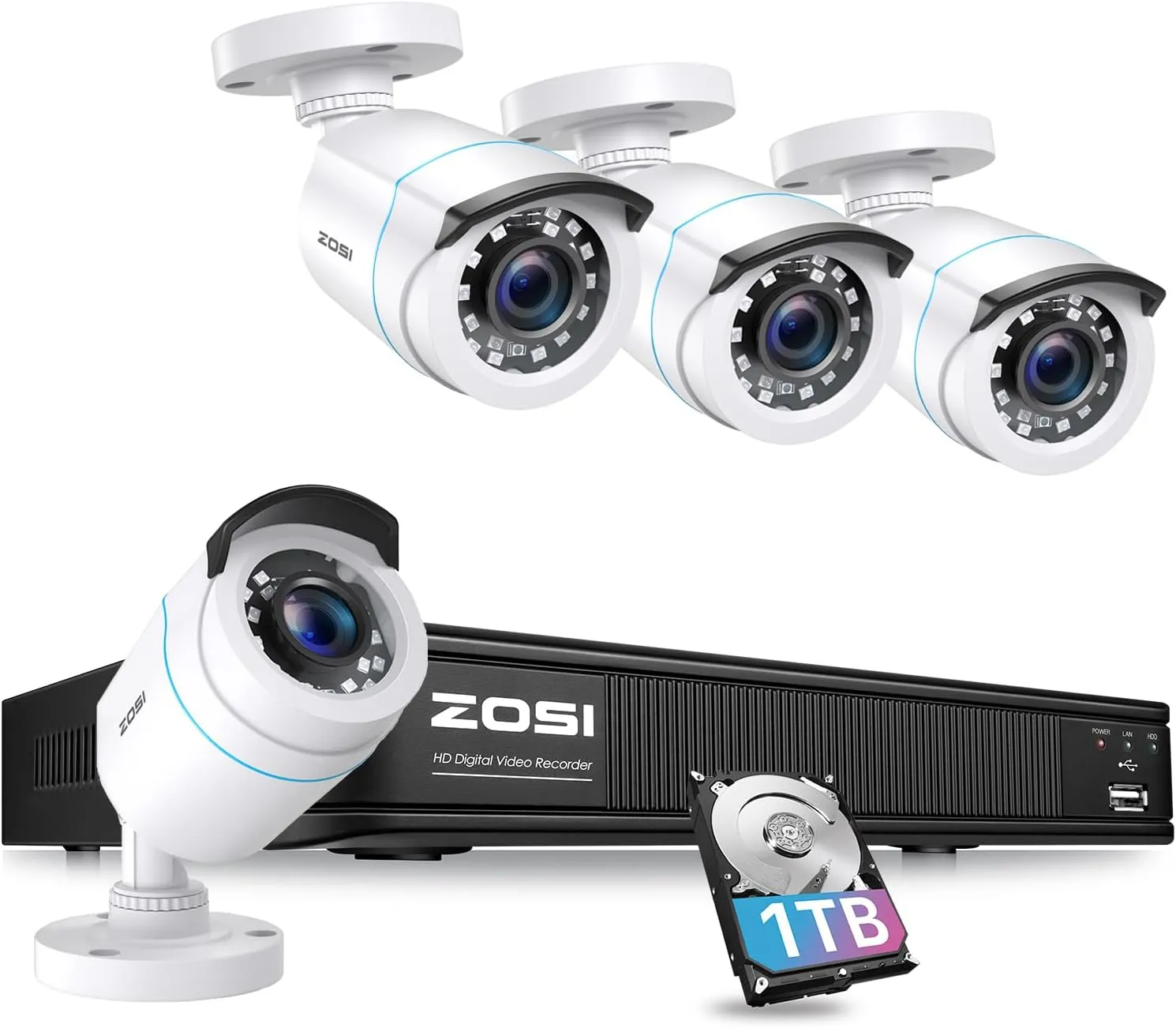 ZOSI H.265  Full 1080p Home Security Camera System Outdoor Indoor, 5MP-Lite CCTV DVR 8 Channel with AI Human Vehicle Detection, 4 x 1080p Weatherproof Surveillance Camera, 80ft Night Vision, 1TB HDD