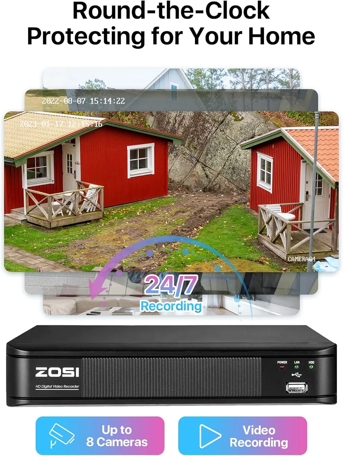 ZOSI H.265  Full 1080p Home Security Camera System Outdoor Indoor, 5MP-Lite CCTV DVR 8 Channel with AI Human Vehicle Detection, 4 x 1080p Weatherproof Surveillance Camera, 80ft Night Vision, 1TB HDD